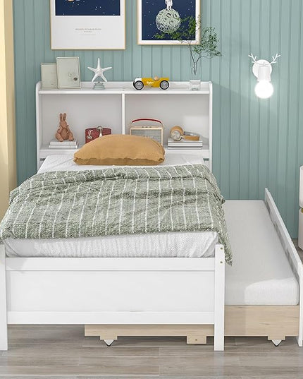 Platform Bed Twin Size with Bookcase Headboard, Trundle and 3 Drawers, Wooden Storage Bedframe for Kids Teens Adults Bedroom - LeafyLoom