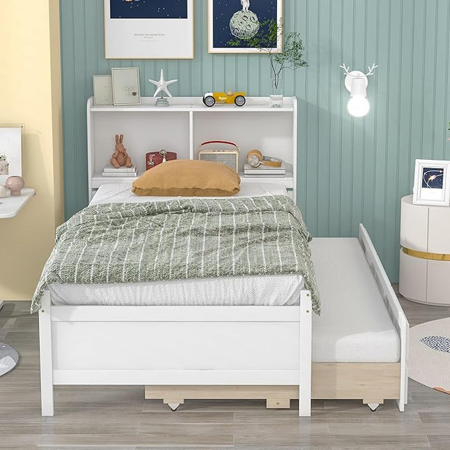 Platform Bed Twin Size with Bookcase Headboard, Trundle and 3 Drawers, Wooden Storage Bedframe for Kids Teens Adults Bedroom - LeafyLoom