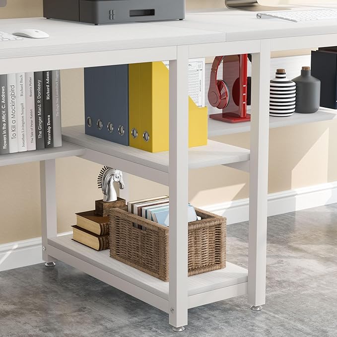 Tribesigns Two Person Desk with Bookshelf, 78.7 Computer Office Double Desk for Two Person, Rustic Writing Desk Workstation with Shelf for Home Office (White) - LeafyLoom