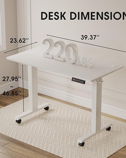 Electric Standing Desk 40 Inch, Ergonomic Height Adjustable Table with T-Shaped Metal Bracket Modern Computer Workstations for Home Office, White - LeafyLoom