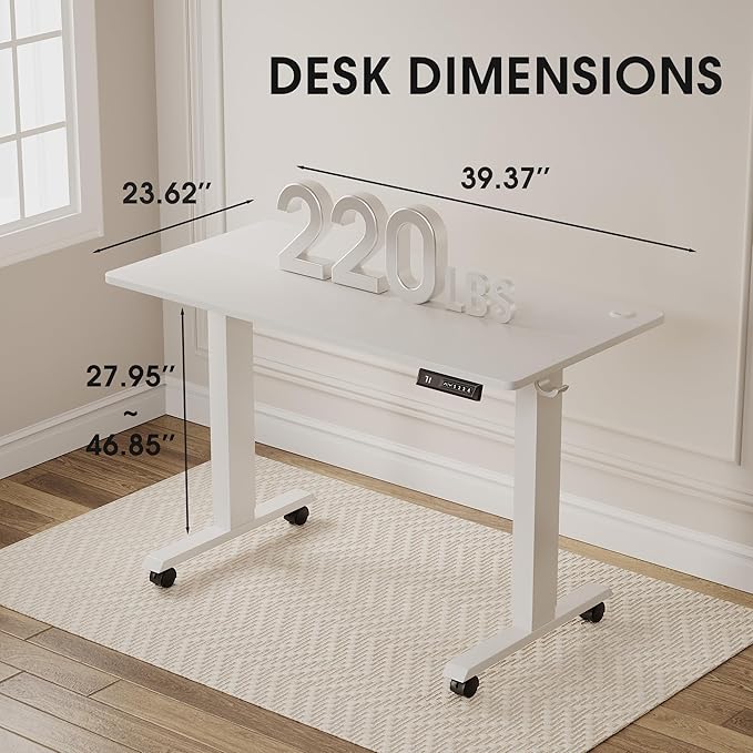 Electric Standing Desk 40 Inch, Ergonomic Height Adjustable Table with T-Shaped Metal Bracket Modern Computer Workstations for Home Office, White - LeafyLoom