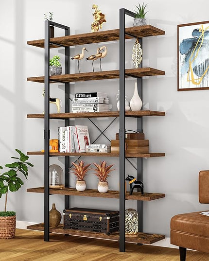 FRAPOW Bookshelf, 6 Tier Book Shelf 83Inch Tall Bookcase, Industrial Large Bookshelves Rustic Book Case with Open Metal Frame for Office, Bedroom, Farmhouse, Living Room - LeafyLoom