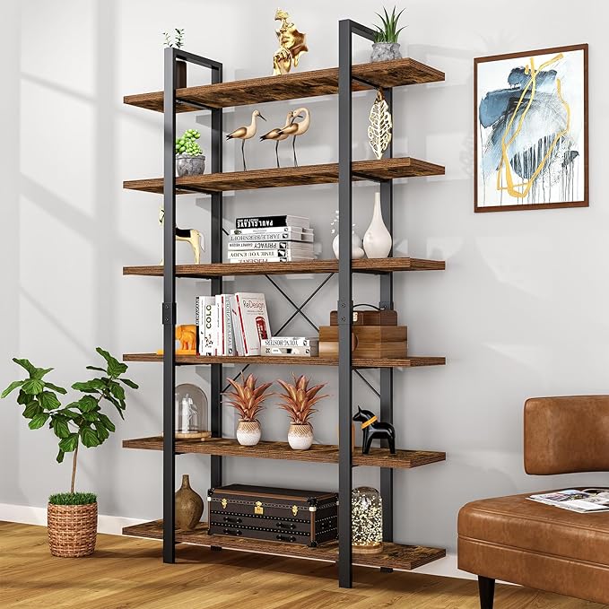 FRAPOW Bookshelf, 6 Tier Book Shelf 83Inch Tall Bookcase, Industrial Large Bookshelves Rustic Book Case with Open Metal Frame for Office, Bedroom, Farmhouse, Living Room - LeafyLoom