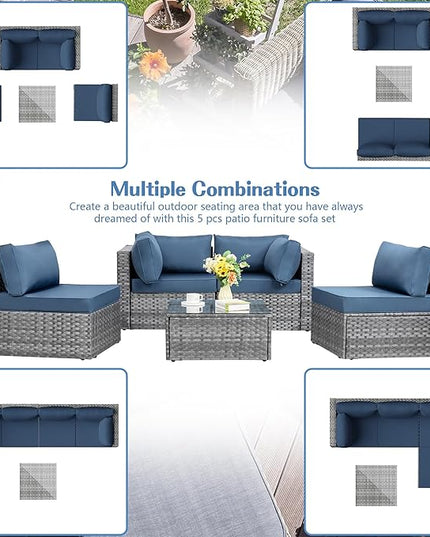 Shintenchi 5 Pieces Outdoor Patio Sectional Sofa Couch, Silver Gray PE Wicker Furniture Conversation Sets with Washable Cushions & Glass Coffee Table for Garden, Poolside, Backyard (Aegean Blue) - LeafyLoom