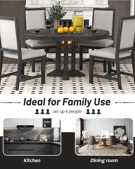 5-Piece Farmhouse Extendable Dining Table Set for 4, Including Round Wooden Tabletop, 4 Upholstered Chairs, Ideal for Kitchen, Living Room, Black, Onesize - LeafyLoom