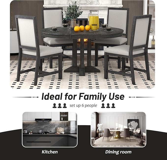 5-Piece Farmhouse Extendable Dining Table Set for 4, Including Round Wooden Tabletop, 4 Upholstered Chairs, Ideal for Kitchen, Living Room, Black, Onesize - LeafyLoom