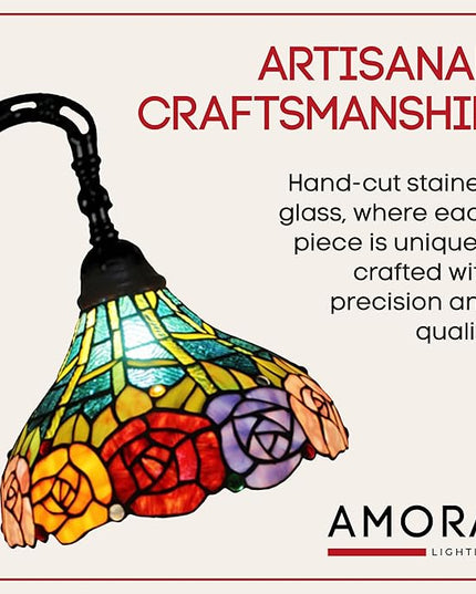 Amora Tiffany Floor Lamp - Arched, Stained Glass 62” with Foot Switch Operation and Adjustable Lamp Shade - Custom Handcrafted Floor Lamps for Living Room in Red Yellow Green Rose Flower - LeafyLoom