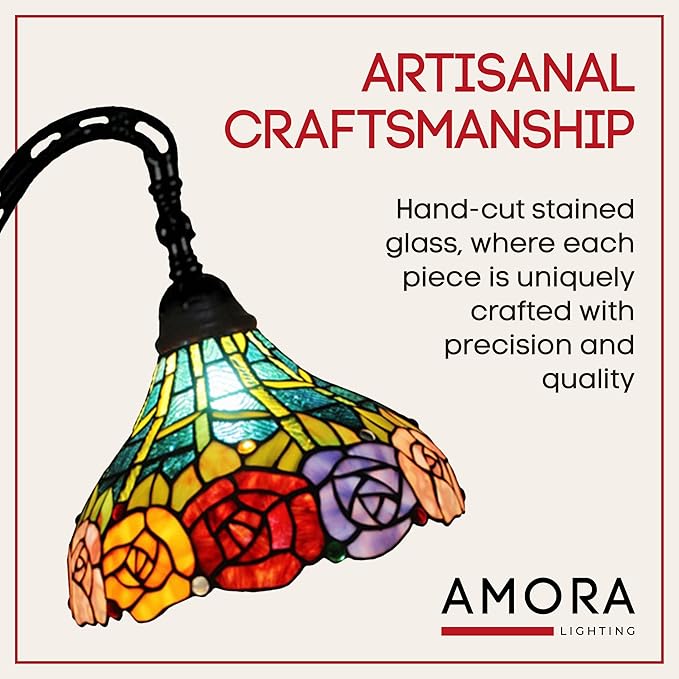 Amora Tiffany Floor Lamp - Arched, Stained Glass 62” with Foot Switch Operation and Adjustable Lamp Shade - Custom Handcrafted Floor Lamps for Living Room in Red Yellow Green Rose Flower - LeafyLoom