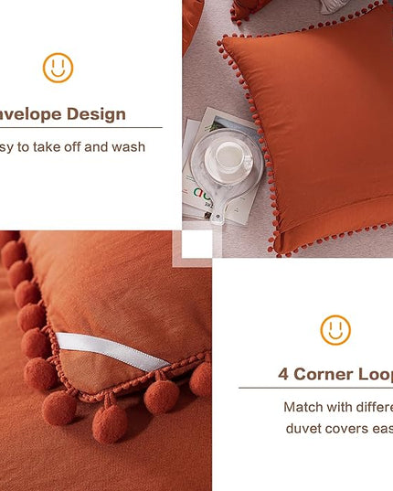 Litanika King Size Comforter Set Terracotta,3 Pieces Terracotta Boho Pom Pom Lightweight Bed Comforter, All Season Soft Solid Color Bedding Comforter Sets (1 Comforter 104x90 Inch, 2 Pillowcases) - LeafyLoom