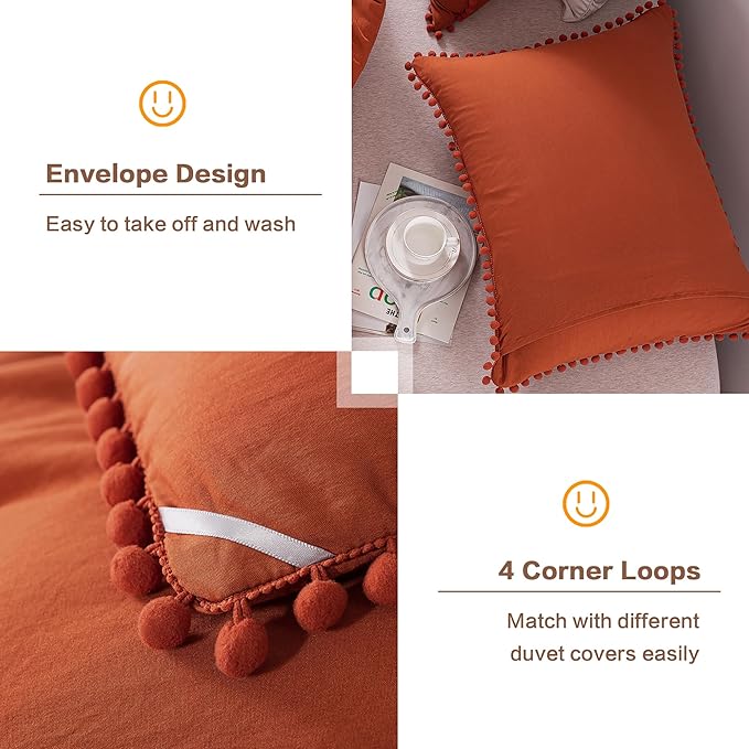 Litanika King Size Comforter Set Terracotta,3 Pieces Terracotta Boho Pom Pom Lightweight Bed Comforter, All Season Soft Solid Color Bedding Comforter Sets (1 Comforter 104x90 Inch, 2 Pillowcases) - LeafyLoom