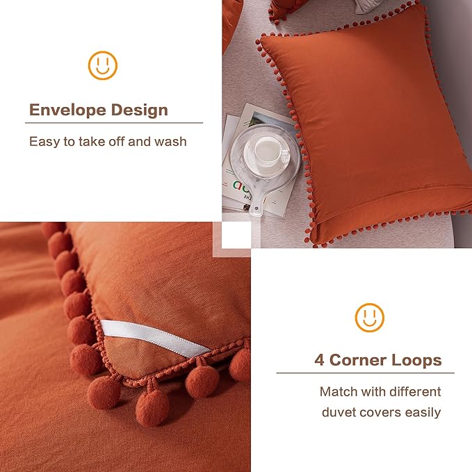Litanika Queen Size Comforter Set Terracotta,3 Pieces Terracotta Boho Pom Pom Lightweight Bed Comforter, All Season Soft Solid Color Bedding Comforter Sets (1 Comforter 90x90 Inch, 2 Pillowcases) - LeafyLoom