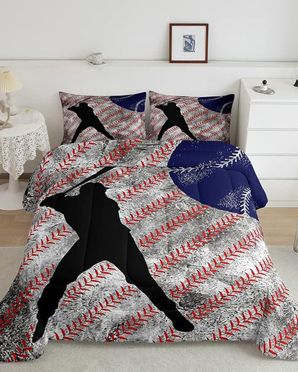 Erosebridal Baseball Comforter Set Twin for Boys Teen Baseball Athlete Bedding Set Kids Ball Games Sports Bed Comforter Sets Sport Baseball Quilt Duvet 1 Pillow Case Retro Red Dark Blue White - LeafyLoom