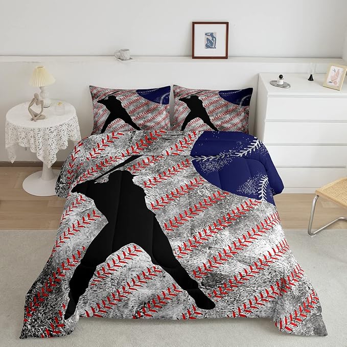 Erosebridal Baseball Comforter Set Queen for Boys Teen Baseball Athlete Bedding Set Kids Ball Games Sports Bed Comforter Sets Sport Baseball Quilt Duvet 2 Pillow Cases Retro Red Dark Blue White - LeafyLoom