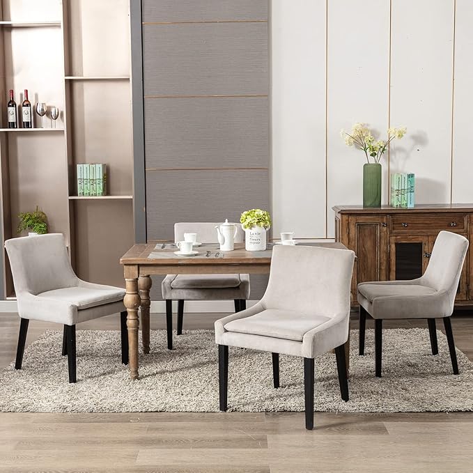 COLAMY Modern Dining Chairs Set of 4, Upholstered Corduroy Accent Side Leisure Chairs with Mid Back and Wood Legs for Living Room/Dining Room-Beige - LeafyLoom