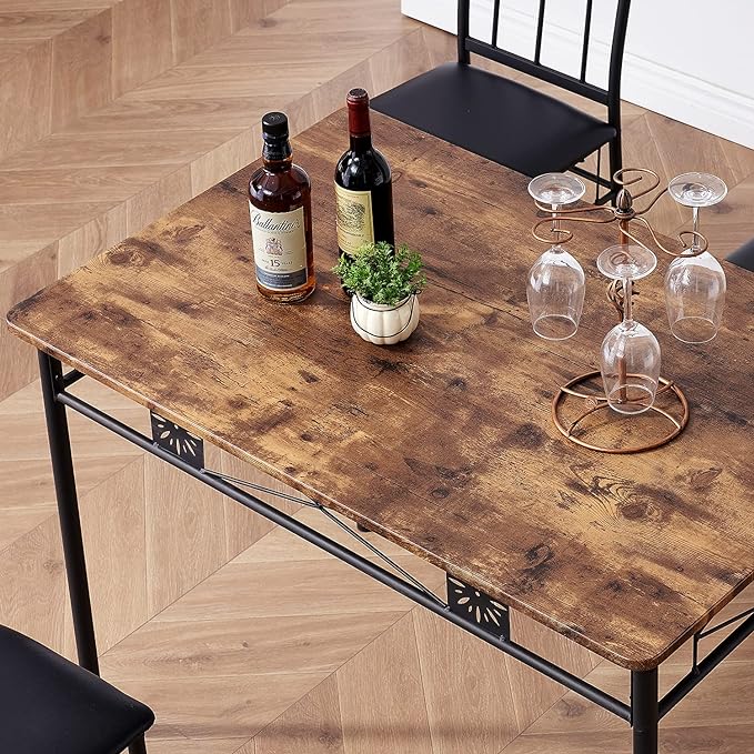 VECELO Kitchen Dining Room Table Sets for 4, 5 Piece Metal and Wood Rectangular Breakfast Nook, Dinette with Chairs, Retro-brown, 42.1" - LeafyLoom