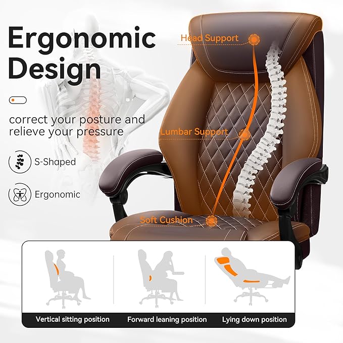 Office Chair, Executive Leather Chair Adjustable High Back, Ergonomic Computer Desk Chair Lumbar Support, Big and Tall Office Chair with Footrest, Comfy Reclining Chair for Home Office - LeafyLoom