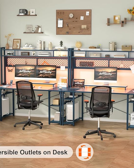 armocity 2024 Upgrade Gaming Desk with Hutch, 55.2'' Magic Computer Desk with LED Lights and Outlets, Reversible Workstation Desk with Pegboard and Monitor Stand, Gamer Desk PC Table, White and Blue - LeafyLoom
