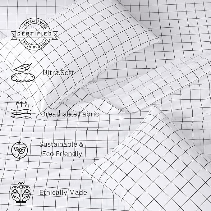 LANE LINEN 100% Organic Cotton Sheets Queen, 4-Piece Bed Sheets Queen Size Cotton, Luxury Sheets, Percale Weave,Breathable Bed Sheets Queen Size Deep Pockets Fits Upto 15" - Windowpane - LeafyLoom