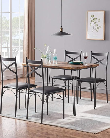 VECELO Kitchen Dining Room Table 4 Chairs for Small Space, Apartment,Metal Steel Frame, 5-Piece Set, Brown - LeafyLoom