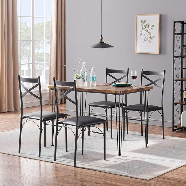 VECELO Kitchen Dining Room Table 4 Chairs for Small Space, Apartment,Metal Steel Frame, 5-Piece Set, Brown - LeafyLoom