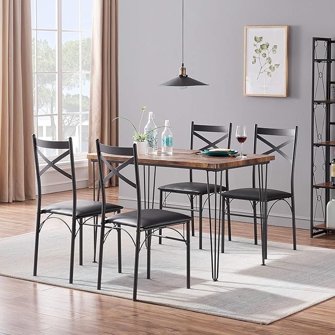 VECELO Kitchen Dining Room Table 4 Chairs for Small Space, Apartment,Metal Steel Frame, 5-Piece Set, Brown - LeafyLoom