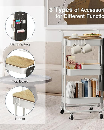 DTK 3 Tier Metal Utility Rolling Cart with Table Top and Side Bags, Metal Tray Storage Organizer Cart with Wheels, Art Craft Cart with 4 Hooks for Kitchen Bathroom Office Living Room (White) - LeafyLoom