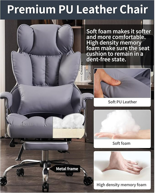 Desk Office Chair 400LBS,Big and Tall PU Leather Computer Chair,Executive Office Chair with Leg Rest and Lumbar Support, High Back Home Office Chair，Light Purple Office Chair - LeafyLoom