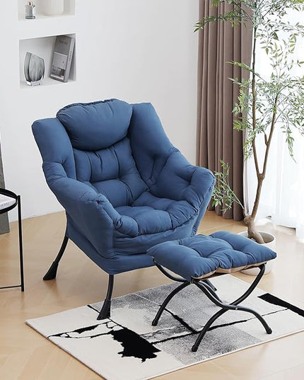 Lazy Chair with Ottoman, Modern Chair with Folding Footrest, Lounge Accent Chair, Comfortable Reading Chair (Royal Blue) - LeafyLoom