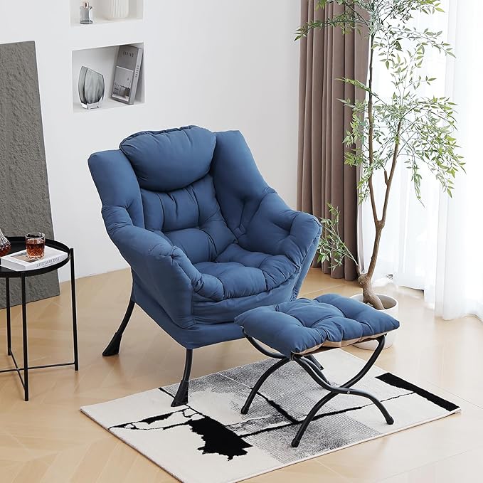 Lazy Chair with Ottoman, Modern Chair with Folding Footrest, Lounge Accent Chair, Comfortable Reading Chair (Royal Blue) - LeafyLoom