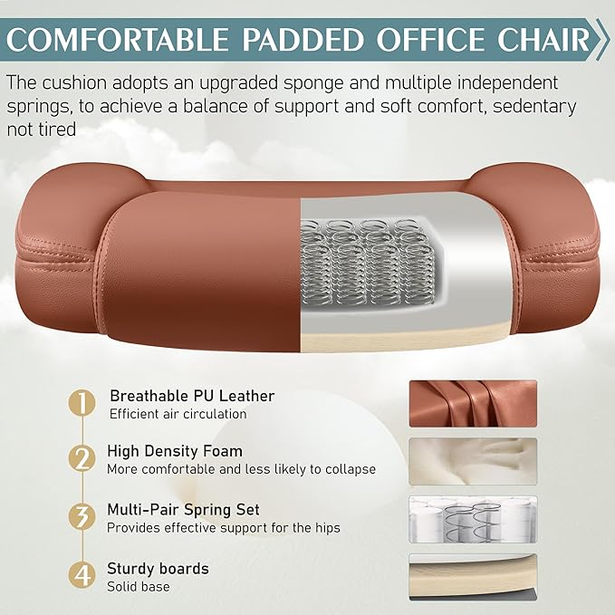 Leather Office Chair, PU Home Computer Desk Chairs with Ergonomic Back Support, 360°Swivel Free，Small Gmaing Chair with Wheels and Adjustable Armrests, for Short People Use, Brown - LeafyLoom