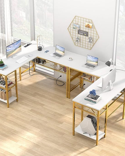 Unikito L Shaped Desk with Power Outlets and USB Charging Ports, Reversible L-Shaped Corner Desks with Storage Shelves, Unique Grid Design, 2 Person Gaming Computer Table for Home Office, White - LeafyLoom