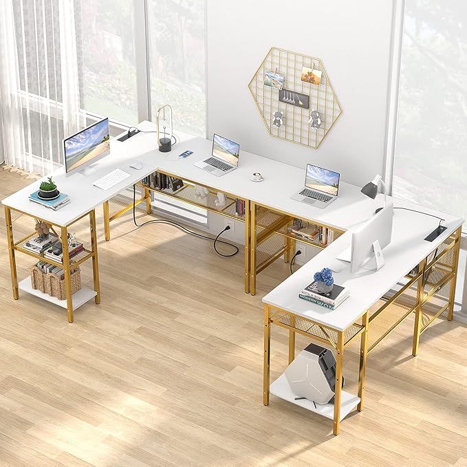 Unikito L Shaped Desk with Power Outlets and USB Charging Ports, Reversible L-Shaped Corner Desks with Storage Shelves, Unique Grid Design, 2 Person Gaming Computer Table for Home Office, White - LeafyLoom