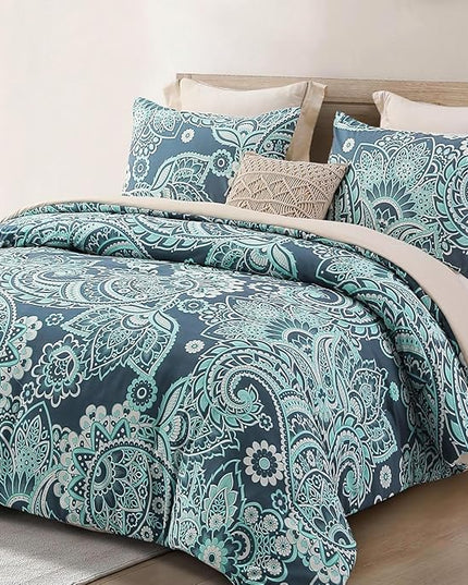 Whale Flotilla King Comforter Set, Soft Reversible Turquoise Bedding Comforter Set with Pailsey Pattern, 1 Micoriber Printed Comforter and 2 Pillow Shams, 3 Pieces - LeafyLoom