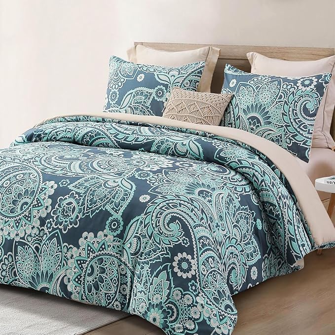 Whale Flotilla King Comforter Set, Soft Reversible Turquoise Bedding Comforter Set with Pailsey Pattern, 1 Micoriber Printed Comforter and 2 Pillow Shams, 3 Pieces - LeafyLoom