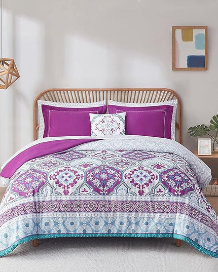 Degrees of Comfort Purple Comforter Set,Queen Boho Bedding Sets with Sheets,Bohemian Microfibe Bed in A Bag with Side Pockets, Matching Decorative Pillow, 8 Piece - LeafyLoom