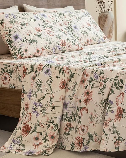 QSH Floral Egyptian Cotton Sheets King Size - Pink Flowers Green Leaves Pattern Printed Bedding King Size Bed Sheets 17.5" Extra Deep Pocket 4pcs - LeafyLoom