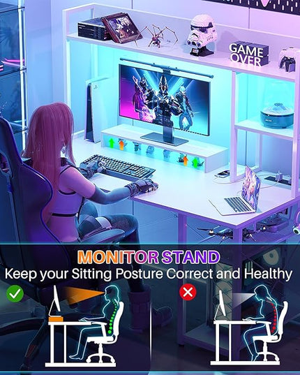 Cyclysio Gaming Desk with Hutch, 47'' Computer Desk with LED Lights & Power Outlets, Home Office Desk with Reversible 5 Tiers Storage Shelves & Monitor Stand, Small Gaming Table for Small Space, White - LeafyLoom
