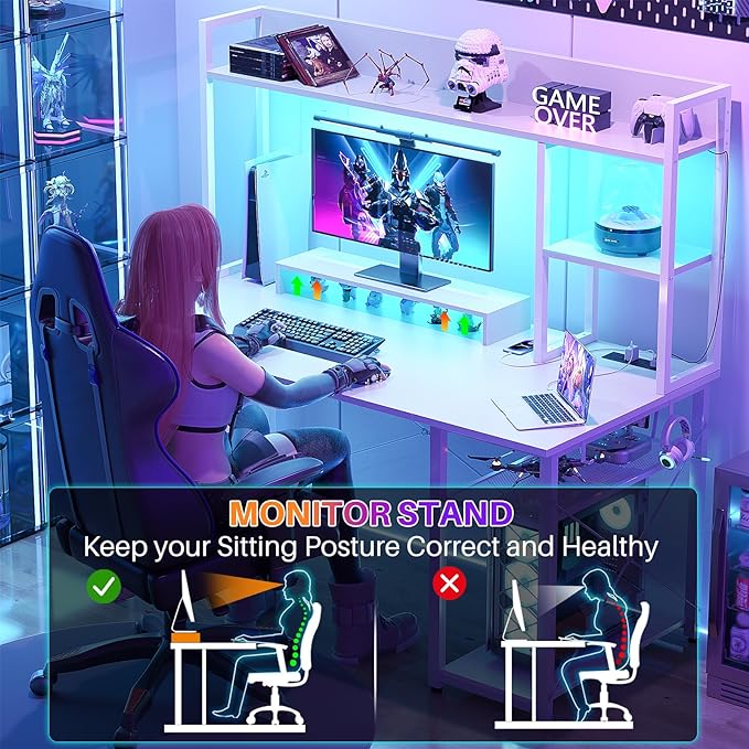 Cyclysio Gaming Desk with Hutch, 47'' Computer Desk with LED Lights & Power Outlets, Home Office Desk with Reversible 5 Tiers Storage Shelves & Monitor Stand, Small Gaming Table for Small Space, White - LeafyLoom