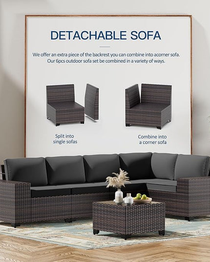 Kullavik 6PCS Outdoor Patio Furniture Set PE Wicker Rattan Sectional Sofa Patio Conversation Sets,Black - LeafyLoom