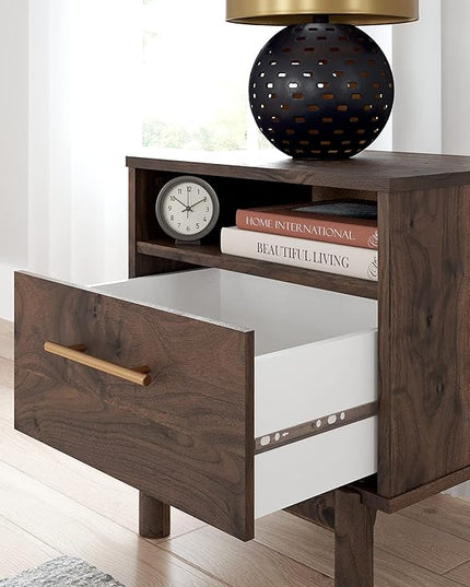 Signature Design by Ashley Calverson Modern 1 Drawer Nightstand with Open Cubby, Dark Brown - LeafyLoom
