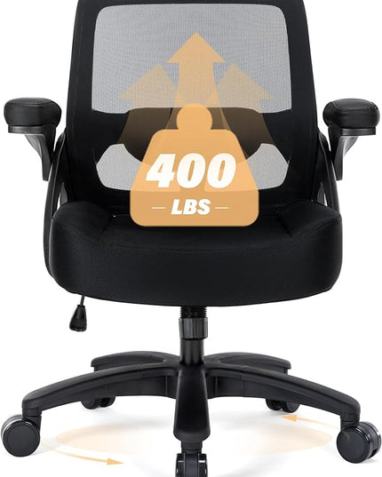 Big and Tall Office Chair 400lb- Mesh Ergonomic Heavy Duty Desk Chair- Flip Arms, Plus Size Wide Seat Executive Computer Chair for Large People- Home Office Swivel Rolling Task Chairs - LeafyLoom