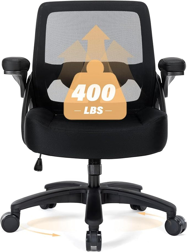 Big and Tall Office Chair 400lb- Mesh Ergonomic Heavy Duty Desk Chair- Flip Arms, Plus Size Wide Seat Executive Computer Chair for Large People- Home Office Swivel Rolling Task Chairs - LeafyLoom