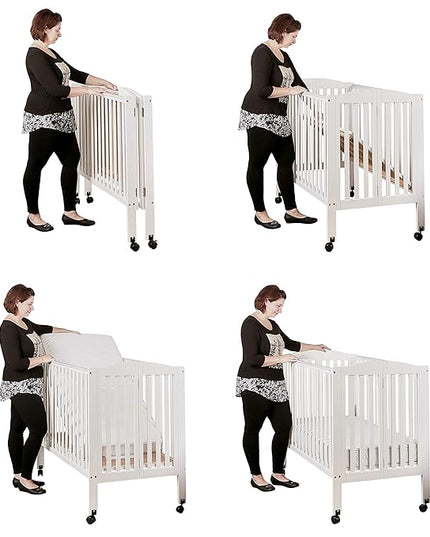3 in 1 Portable Folding Stationary Side Crib in White, Greenguard Gold Certified, Safety Wheel with Locking Casters, Convertible, 3 Mattress Heights - LeafyLoom