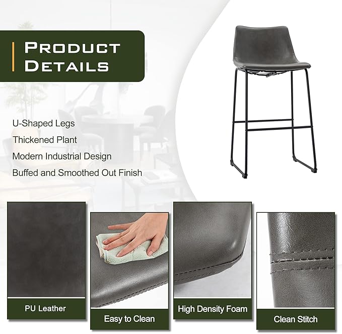 NicBex Retro Bar Stools Crazy-Horse Leather with Metal Legs Barstools, Lounge Kitchen Island Bar Stools, Set of 2, (Grey Color) (A-GE17023-USSU014) - LeafyLoom