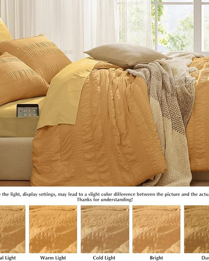 CASAAGUSTO Queen Comforter Set, 7 Pieces Mustard Yellow Seersucker Bed in a Bag Queen Size Soft All Seasons, Bedding Sets with Comforter, Flat Sheet, Fitted Sheet, 2 Pillow Shams, 2 Pillowcases - LeafyLoom