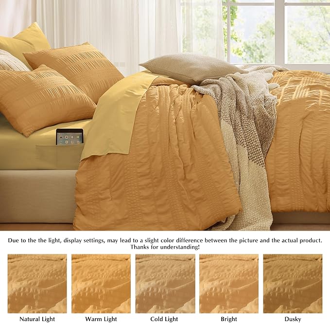 CASAAGUSTO Queen Comforter Set, 7 Pieces Mustard Yellow Seersucker Bed in a Bag Queen Size Soft All Seasons, Bedding Sets with Comforter, Flat Sheet, Fitted Sheet, 2 Pillow Shams, 2 Pillowcases - LeafyLoom