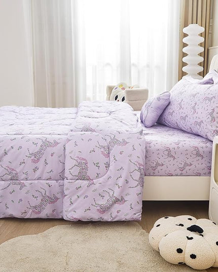 Mooreeke Full Size Comforter Sets for Girls Kids, 8 Pieces Bed in a Bag Purple Floral Unicorn Bedding Comforter Sheet Set with Shams and Decorative Toy Pillow, Ultral Soft Microfiber Kids Bed Set - LeafyLoom