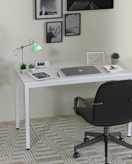 White Computer Desk 47" Writing Desk Study Table with CPU Storage Shelf for Home Office, Workstation, Office, Gaming Room- Sturdy Stable White Metal Frame - LeafyLoom