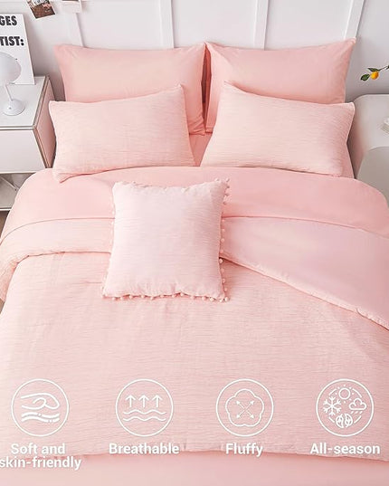 8 Piece Woven Texture Pink Comforter Set Queen, Bed in a Bag Bedding Sets Queen with Comforter and Sheets, Soft Lightweight Comforter Set with Deocor Throw Pillow, Pink - LeafyLoom