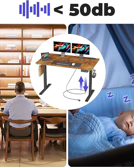 JOISCOPE Height Adjustable Electric Standing Desk with Power Outlets, 55 x 24 Inch Sit Stand Desk for Small Space Home Office, Vintage Oak - LeafyLoom